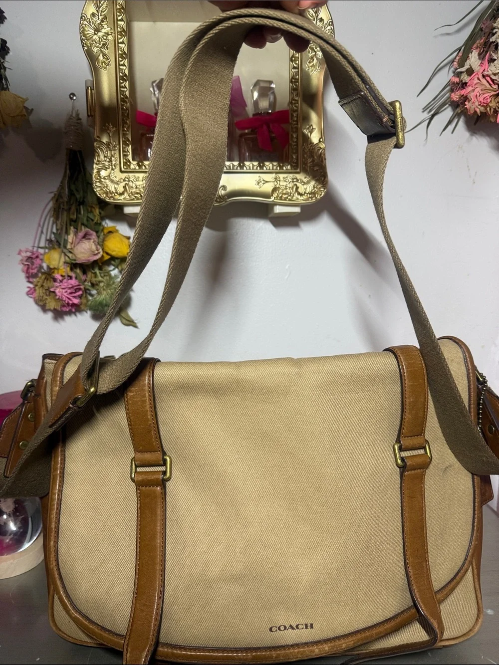 Coach Beige Canvas Messenger Bag with Brown Leather Trim